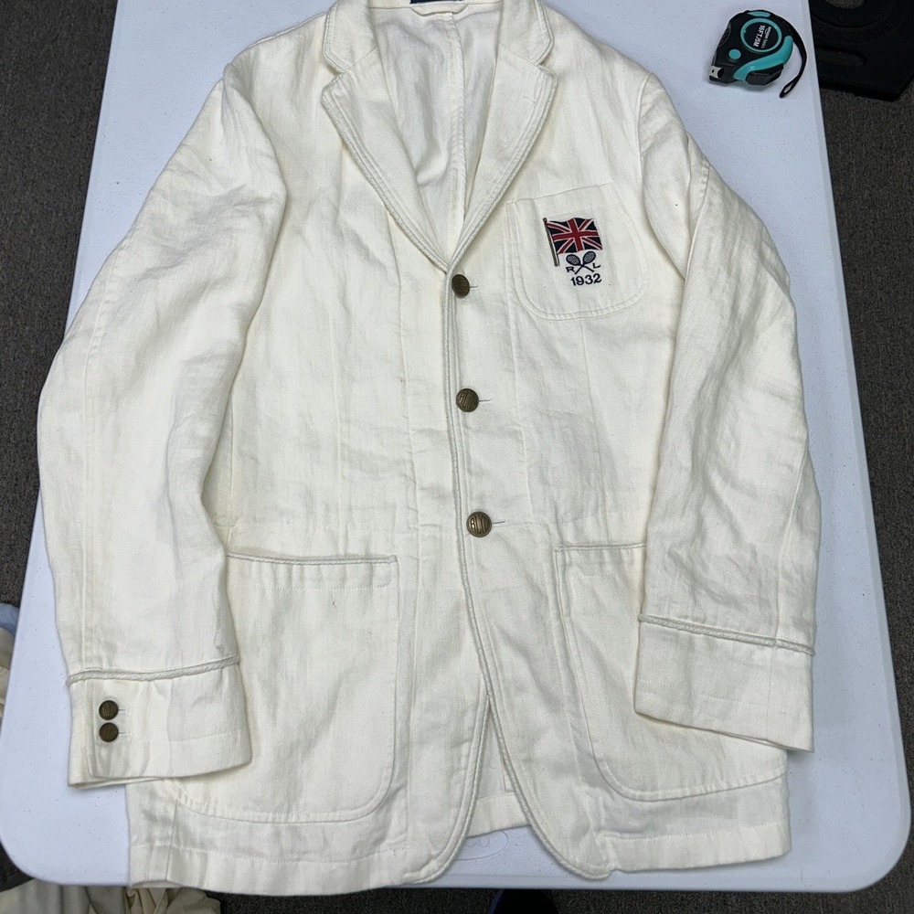 Polo Ralph Lauren Chore Jacket Men 44L Cream tennis Herringbone Union Jack Italy